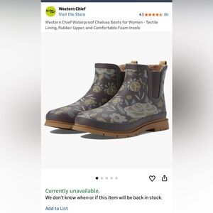 Western Chief Floral Chelsea Rain Boots Womens 8 Fleece Lined